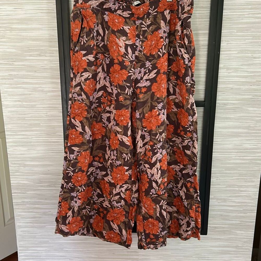 Haute Hippie 100% linen orange brown floral wide leg ankle pan size XL elastic w
